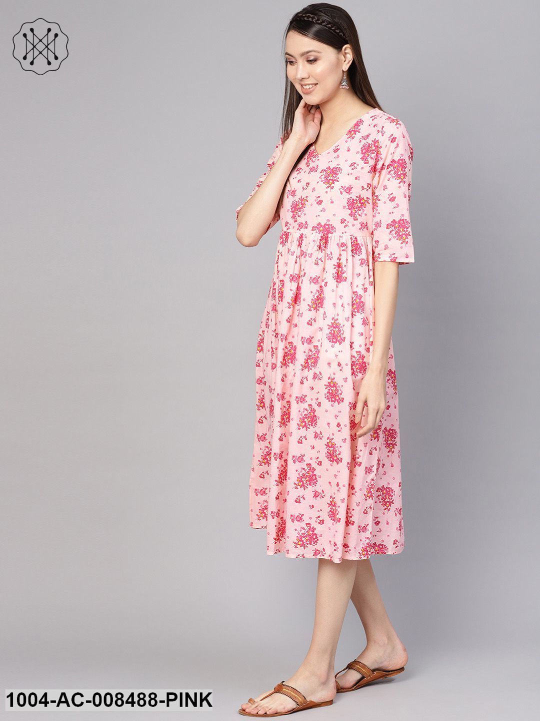 Pink Floral Printed V-Neck 3/4Th Sleeves Midi Gathered Dress