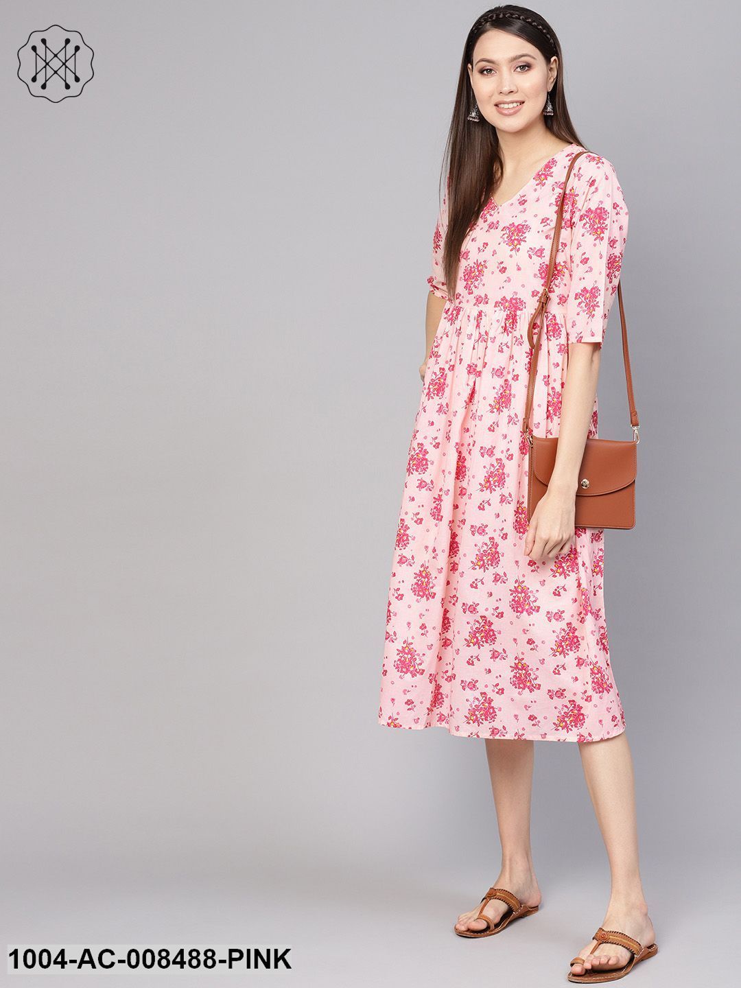 Pink Floral Printed V-Neck 3/4Th Sleeves Midi Gathered Dress