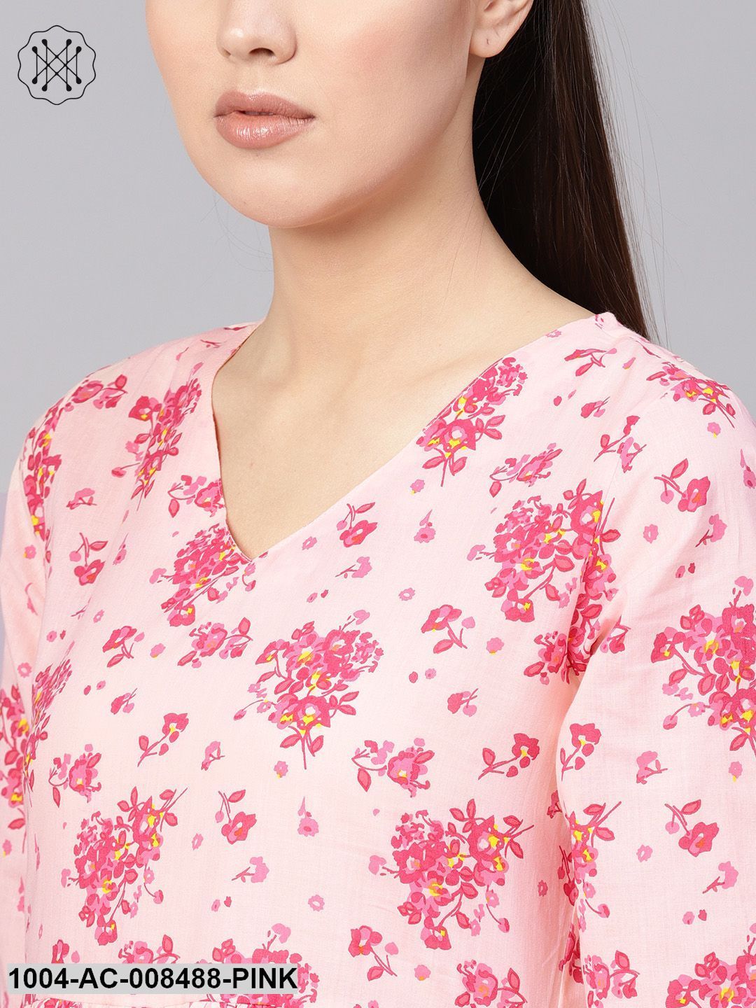 Pink Floral Printed V-Neck 3/4Th Sleeves Midi Gathered Dress