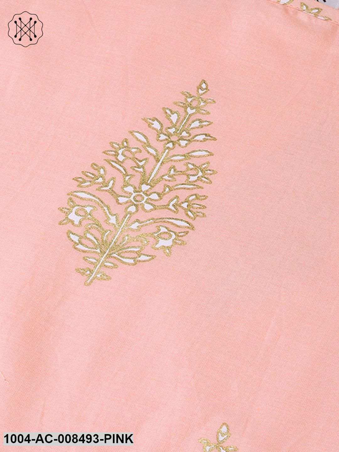 Light Pink With Gold Printed Half Sleeve Cotton Maxi Dress