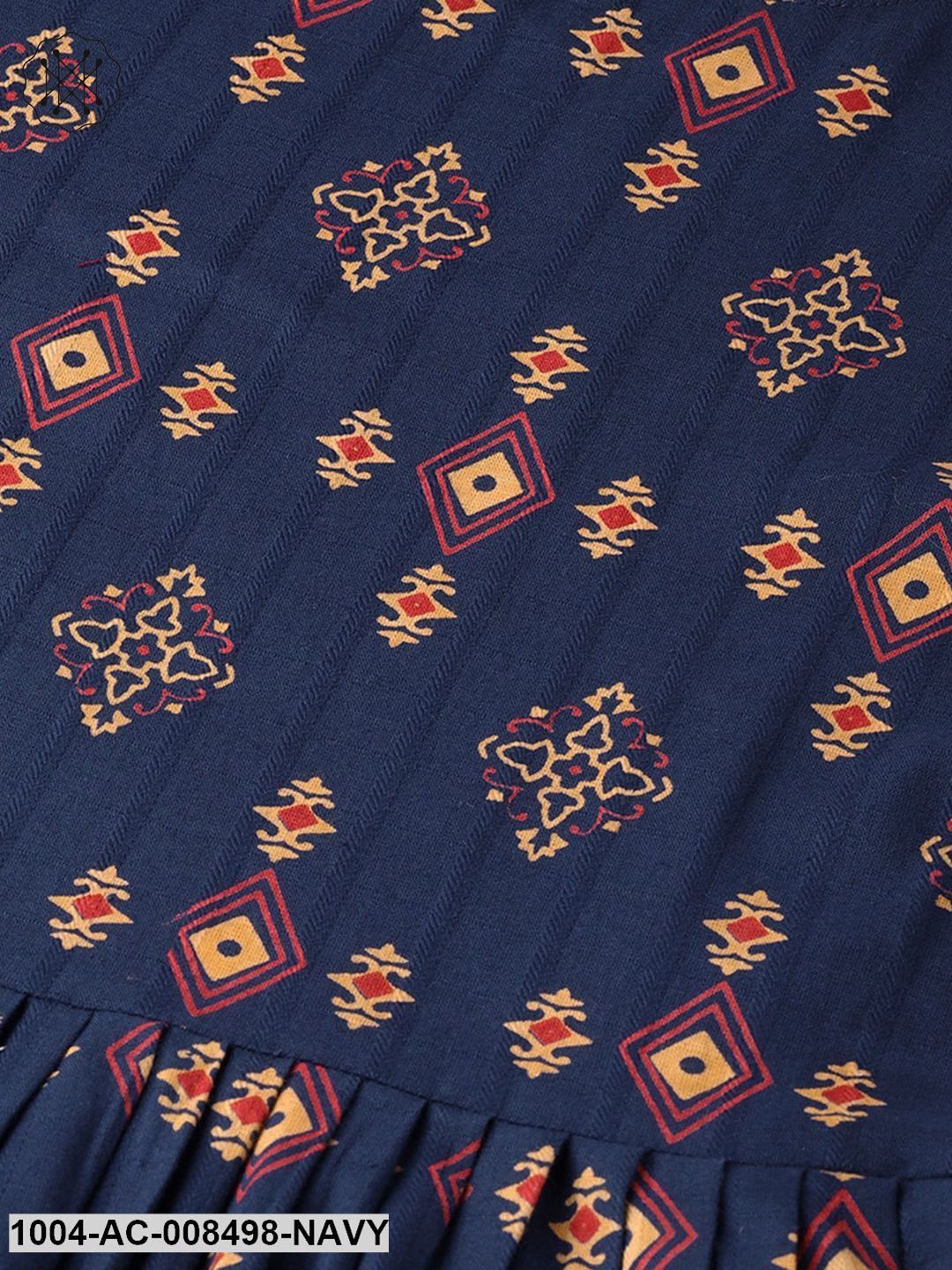 Navy Blue Gold Printed 3/4Th Slevee Cotton Maxi Dress