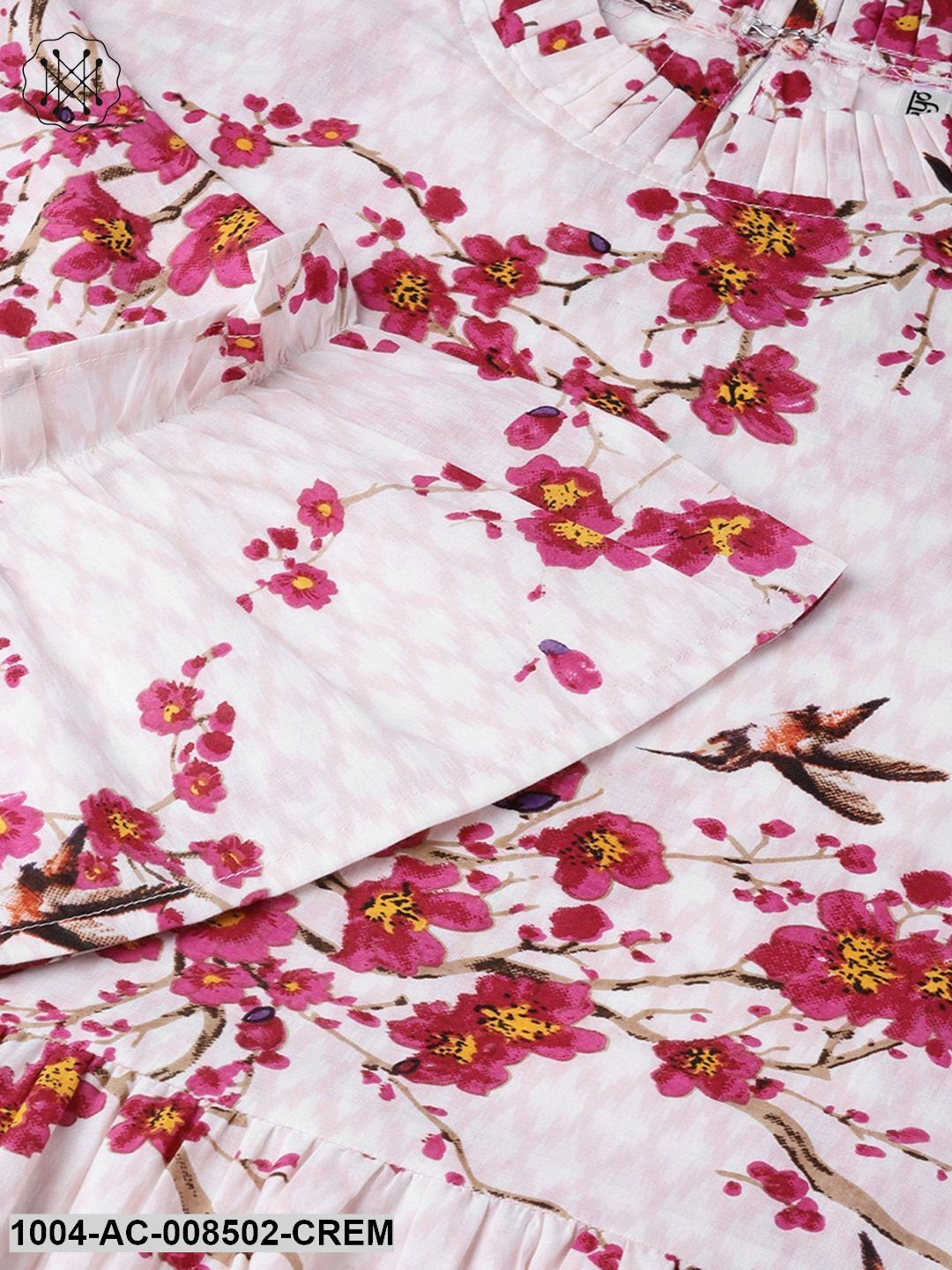 Cream And Red Printed 3/4Th Sleeve Cotton Maxi Dress