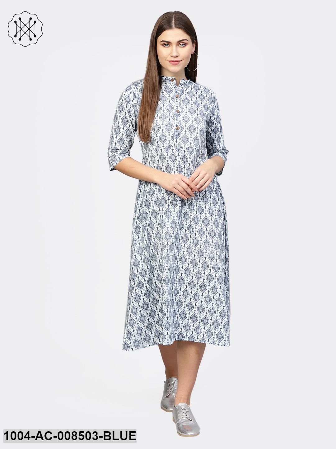 Blue Printed 3/4Th Sleeve Cotton A-Line Dress
