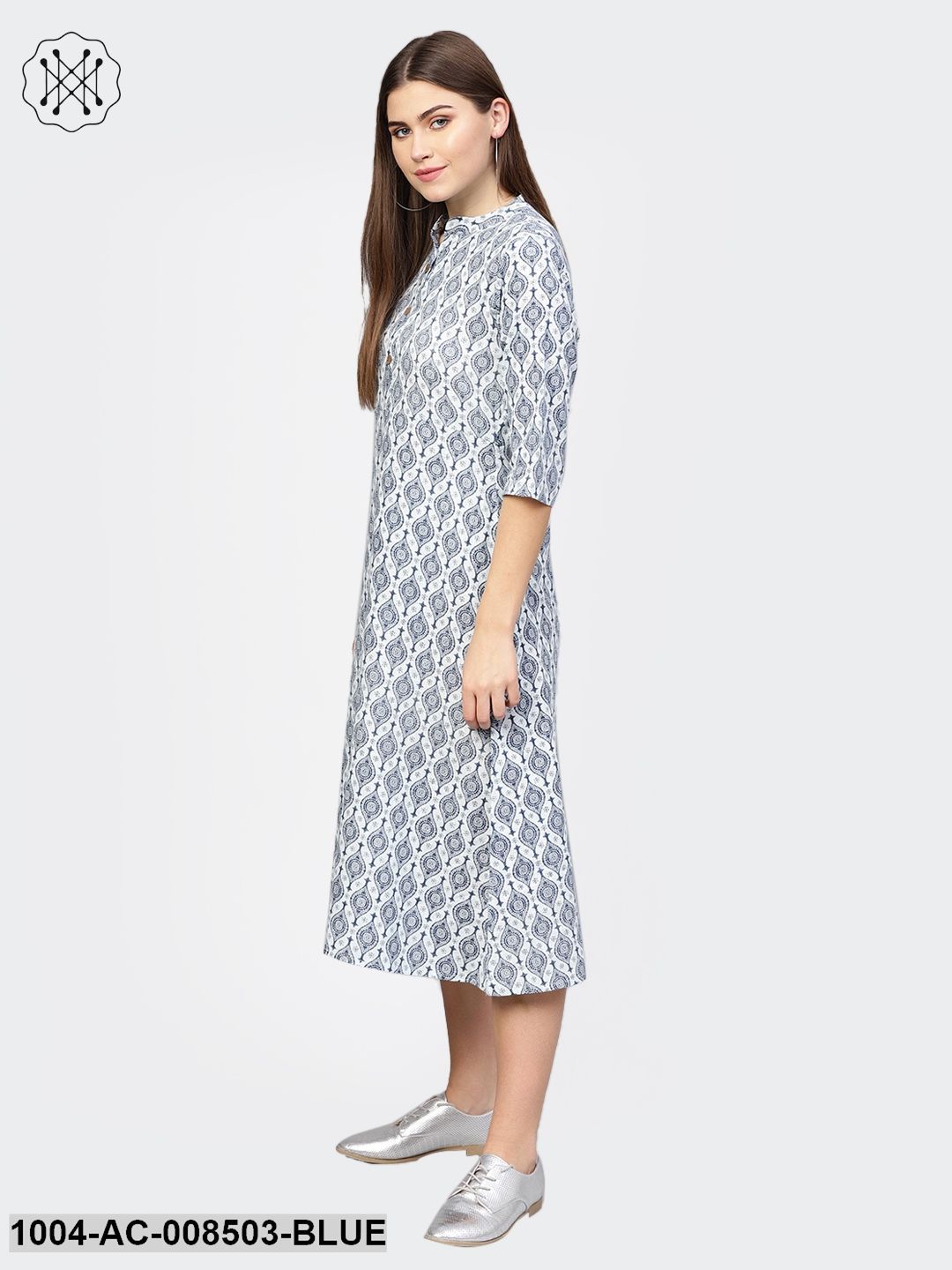 Blue Printed 3/4Th Sleeve Cotton A-Line Dress