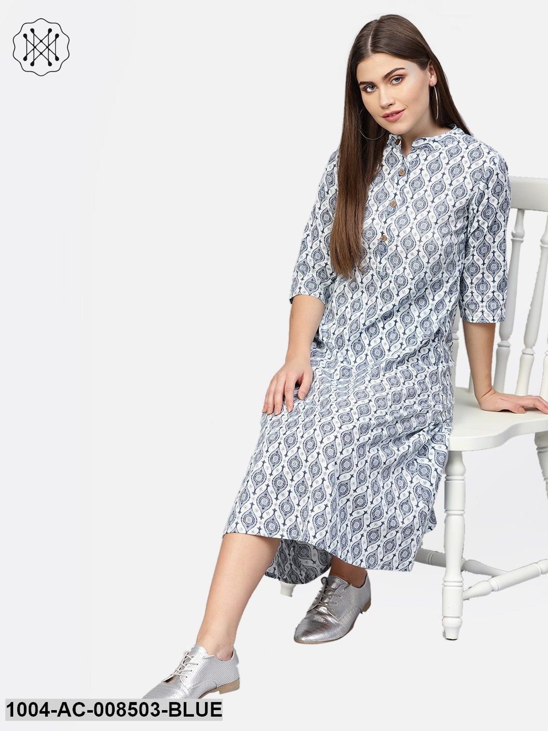Blue Printed 3/4Th Sleeve Cotton A-Line Dress