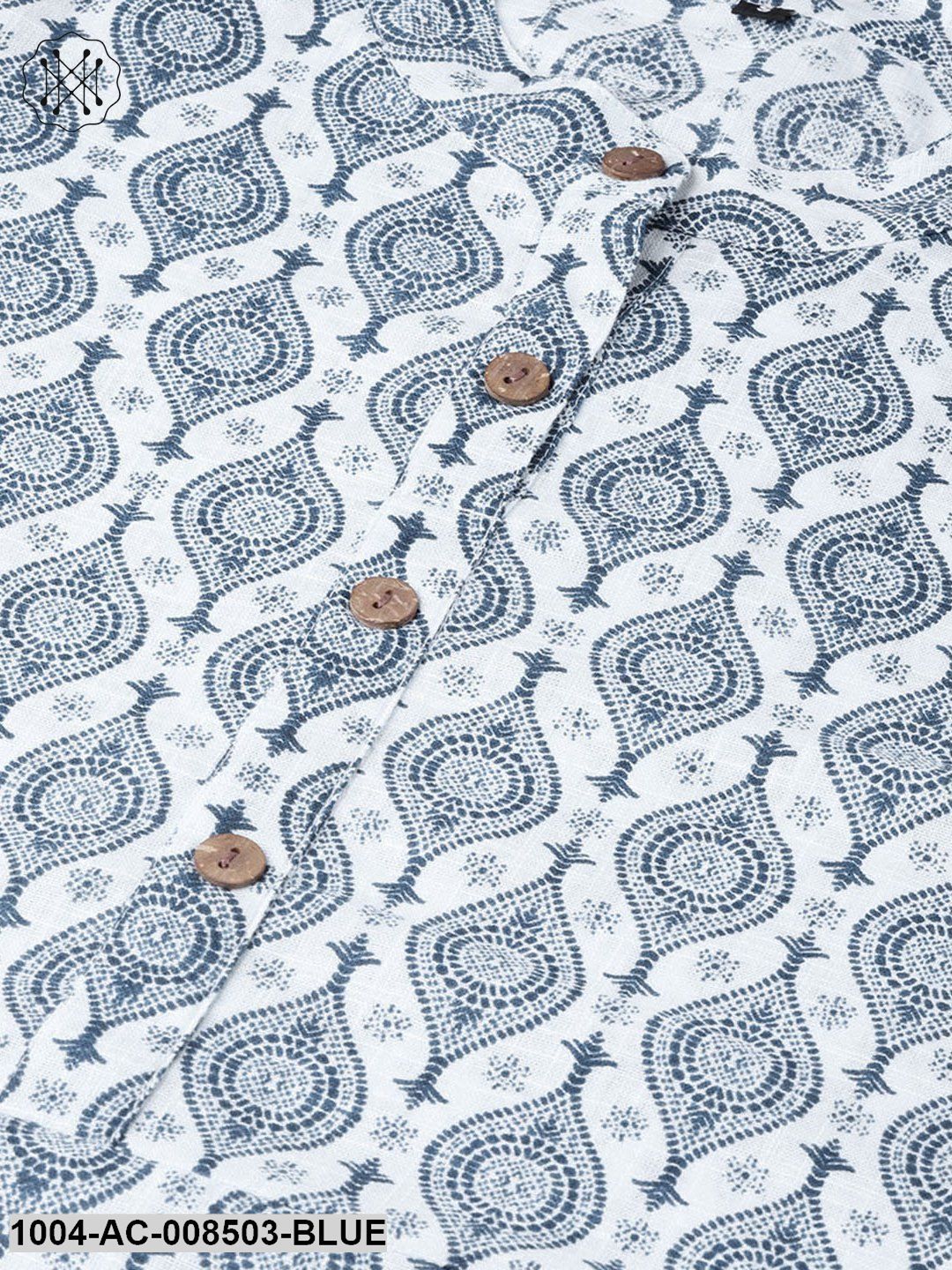 Blue Printed 3/4Th Sleeve Cotton A-Line Dress