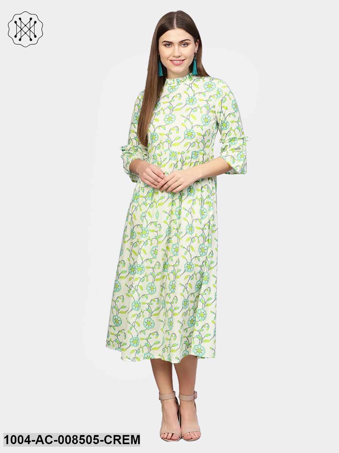 Cream And Green 3/4Th Sleeve Cotton Maxi Dress Trendphoria Cream And Green 3/4Th Sleeve Cotton Maxi Dress Trendphoria