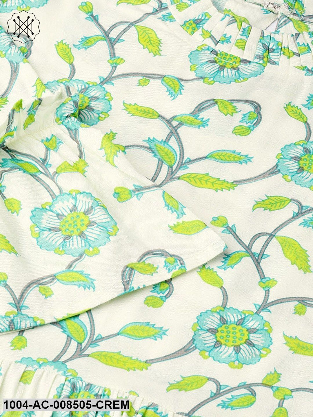 Cream And Green 3/4Th Sleeve Cotton Maxi Dress