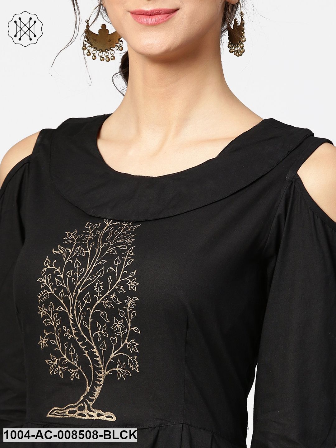 Black Block Printed Maxi Dress With Cape Collar And Cold Shoulders