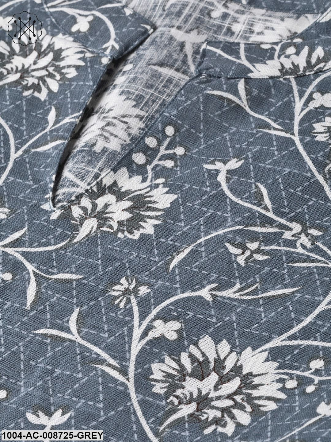 Grey & Off-white Floral Printed Maxi dress with Mandarin Collar & 3/4 sleeves