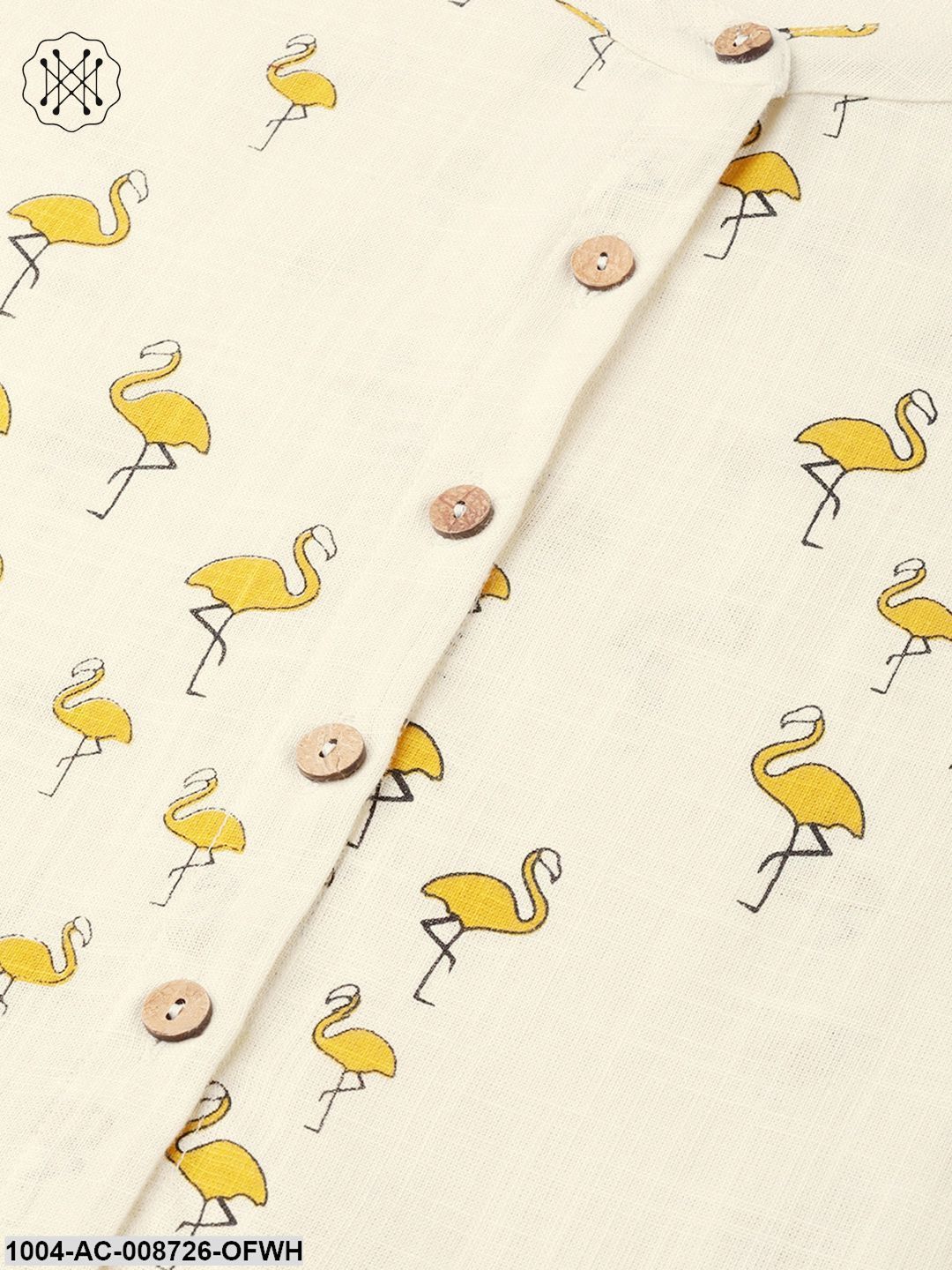 Off white and yellow ochre flamingo printed dress with a detachable belt detailing on the yoke