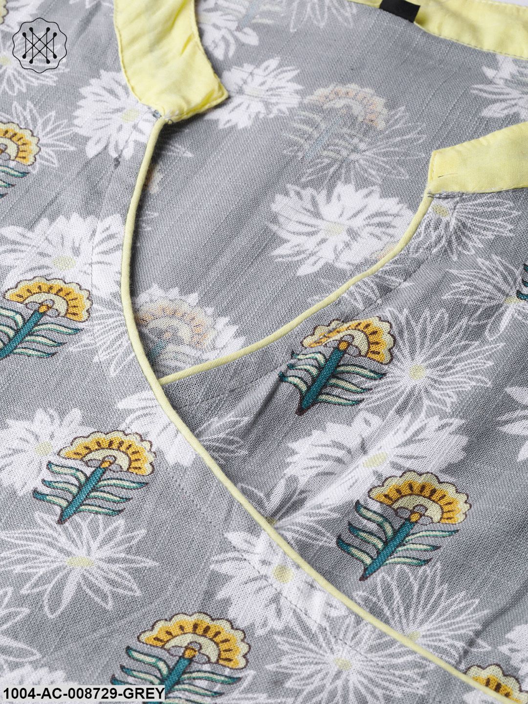 Grey Floral printed Multi coloured Maxi dress with Mandarin collar & 3/4 sleeves