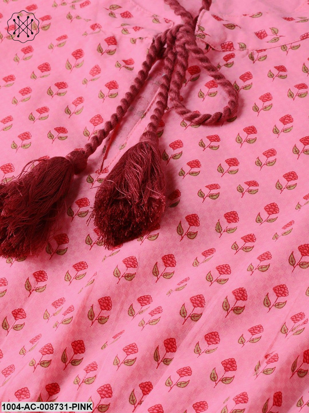 Pink Floral Printed Maxi dress with Chinese collar & 3/4 sleeves