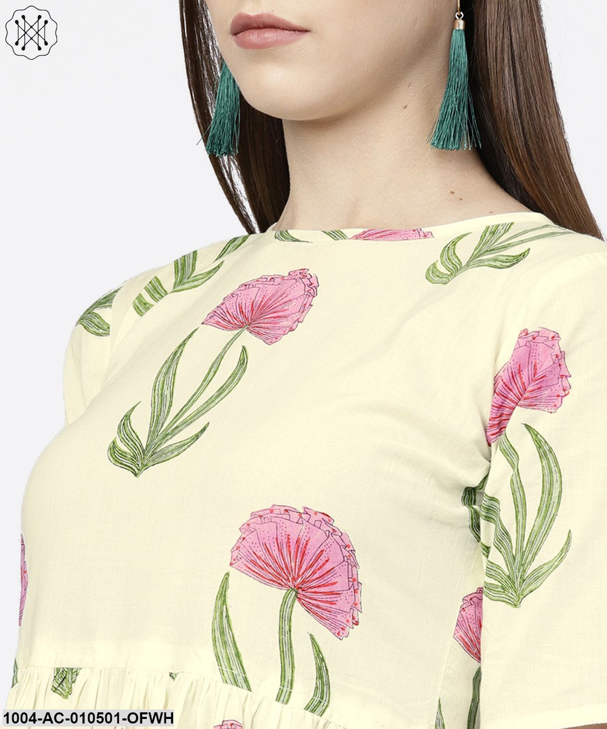 Off White Floral Printed Half Sleeve Cotton Maxi Dress