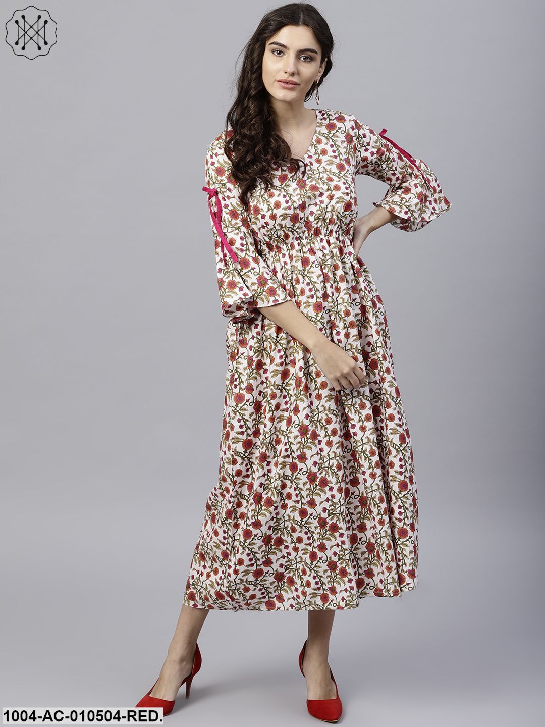 White Cotton Floral Printed A-Line Maxi Dress With V-Neck And Flared Sleeves