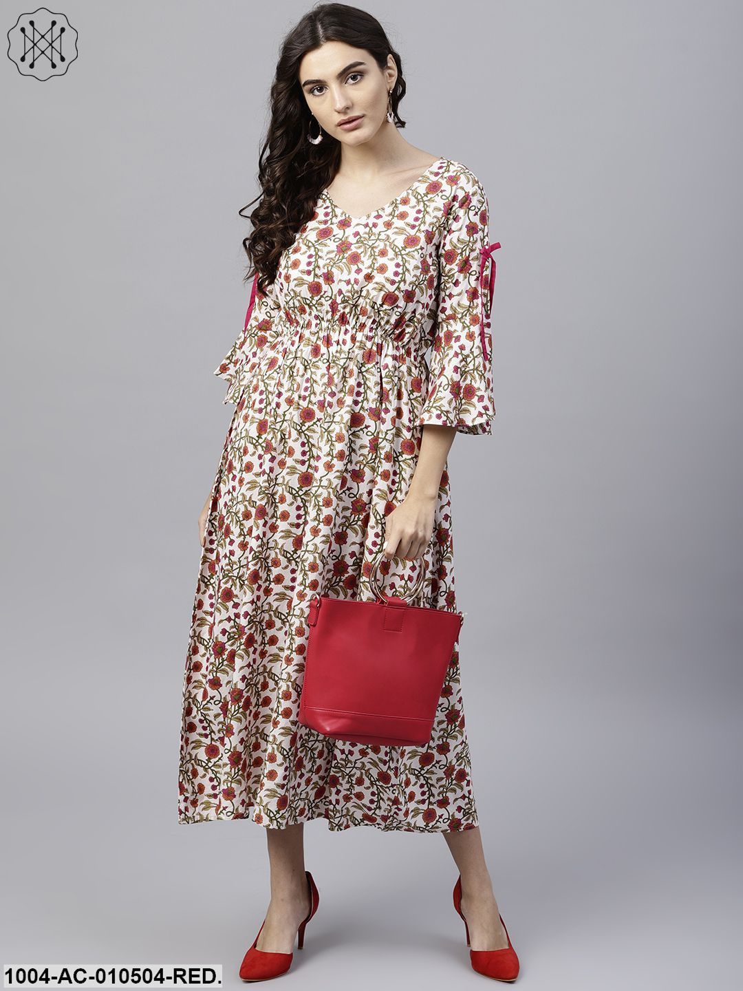 White Cotton Floral Printed A-Line Maxi Dress With V-Neck And Flared Sleeves