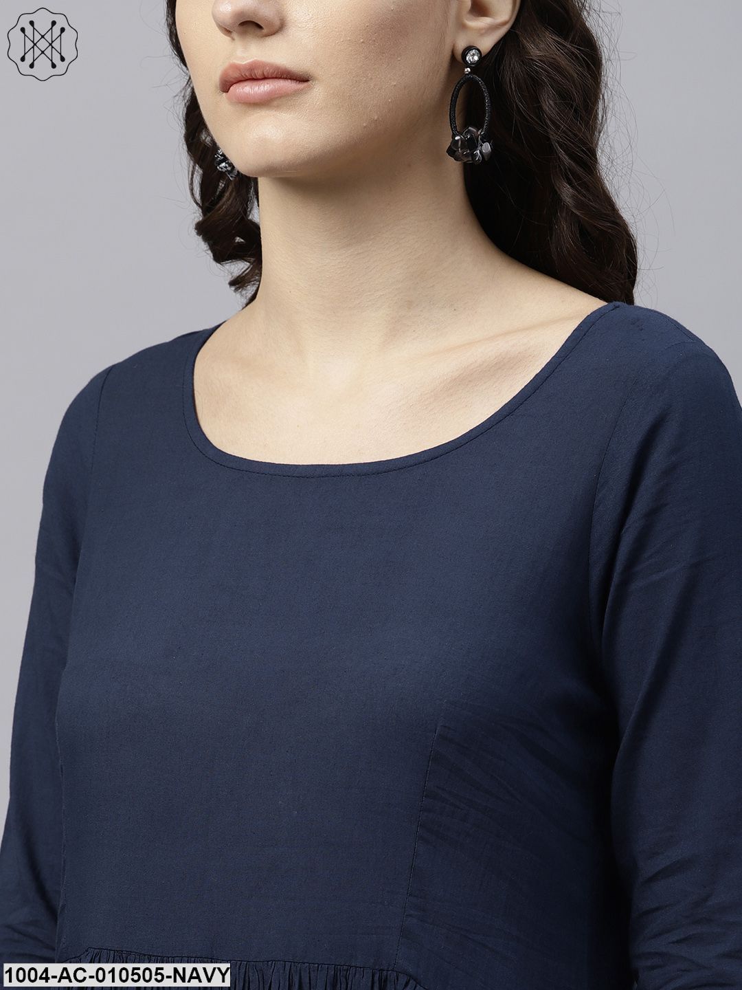 Navy Blue And Orange Ombre Dyed Maxi Dress With Round Neck And 3/4 Sleeves