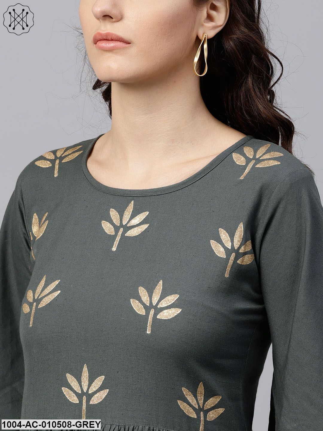 Solid Grey 3/4Th Sleeve Maxi Dress With Block Printed At Yoke