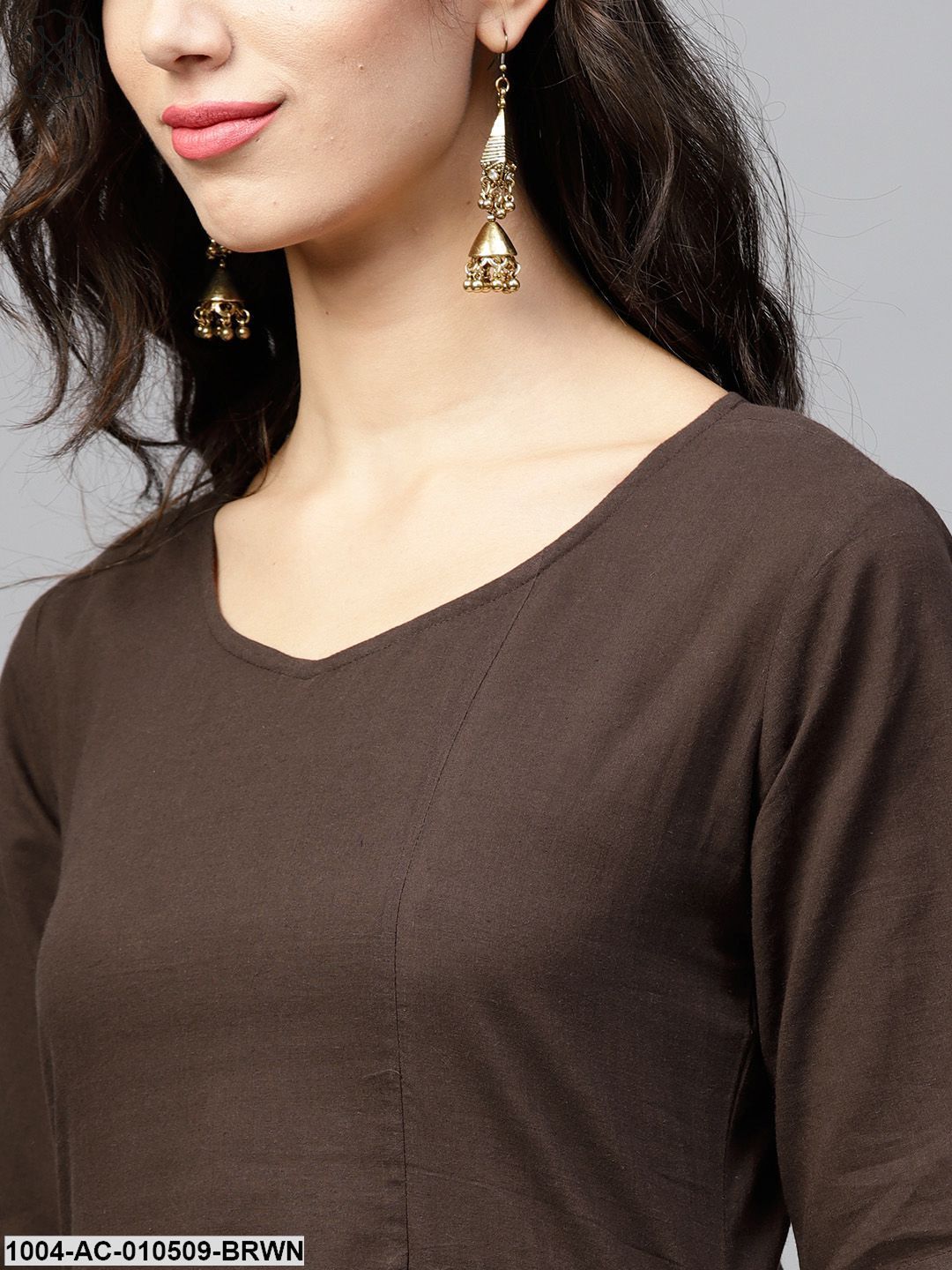 Dark Brown A-Line Dress With Front Patch Pockets And Half Sleeves