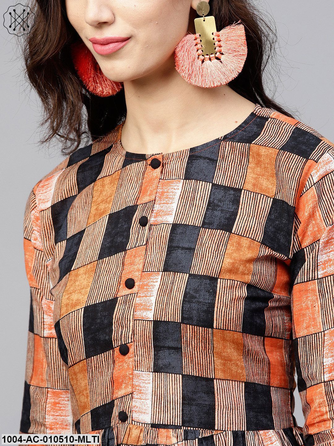 Multi ColoredRound Neck Checked Dress With Front Placket And 3/4 Sleeves