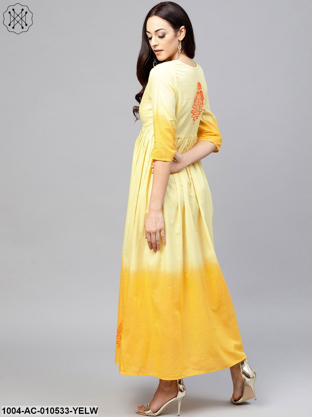 Yellow Ombre Dyed Maxi Dress With Round Neck And 3/4 Sleeves