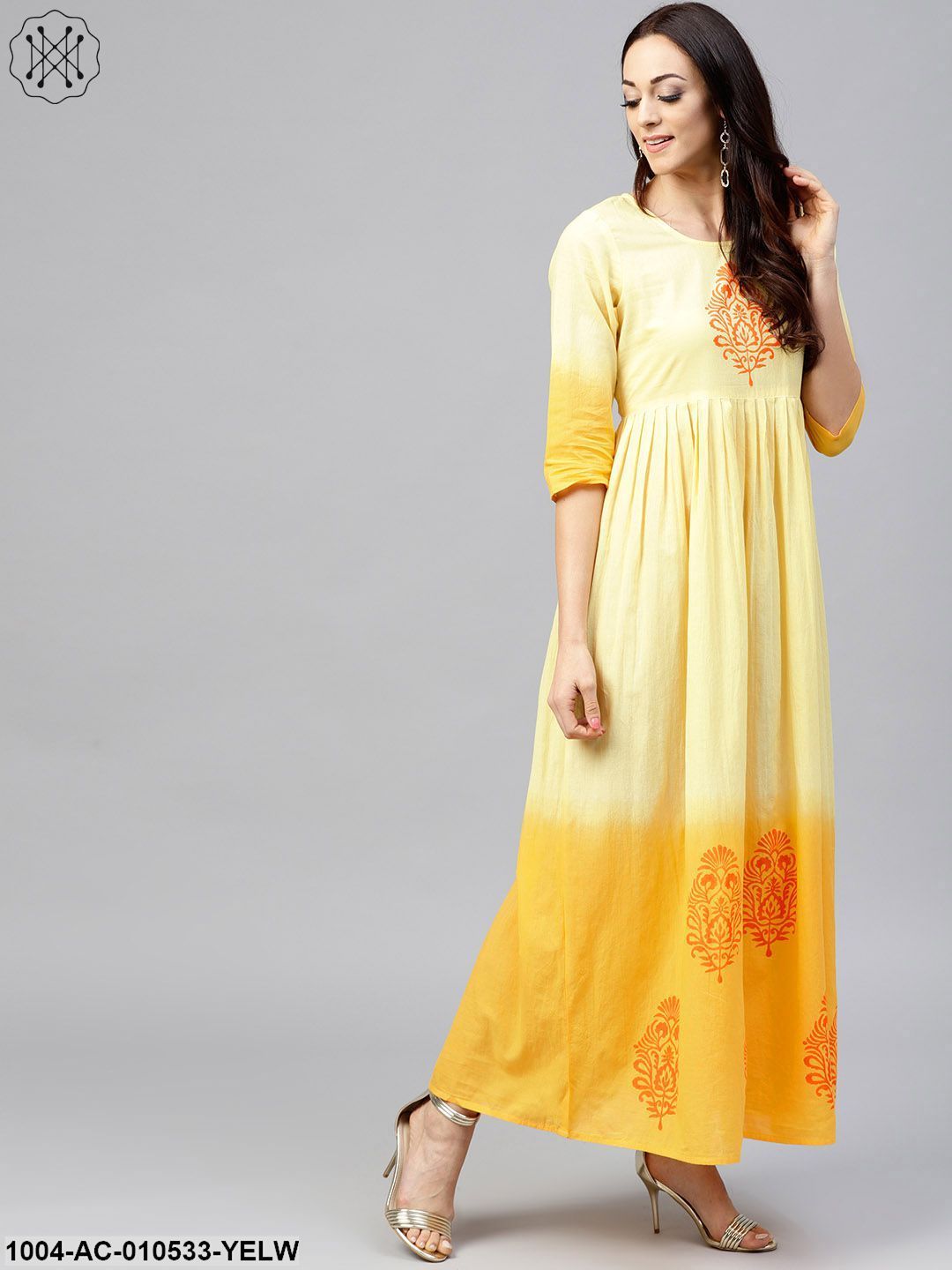 Yellow Ombre Dyed Maxi Dress With Round Neck And 3/4 Sleeves