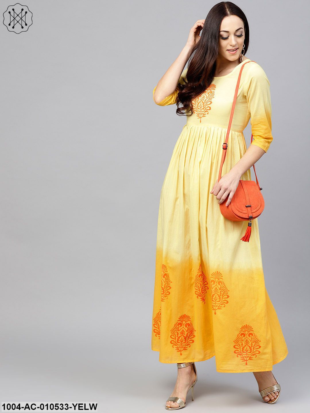 Yellow Ombre Dyed Maxi Dress With Round Neck And 3/4 Sleeves