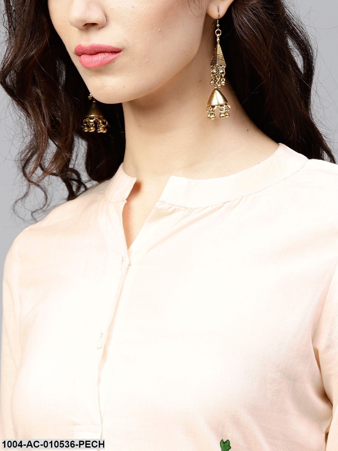 Light Peach Madarin Collar Dress With Front Placket And Half Sleeves