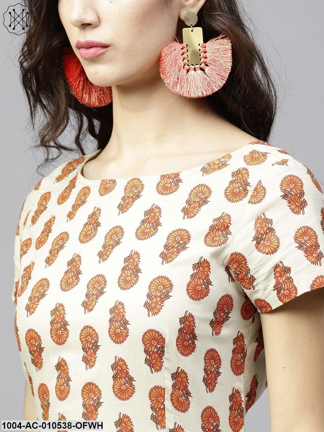 Off White Printed Maxi Dress With Round Neck And Half Sleeves