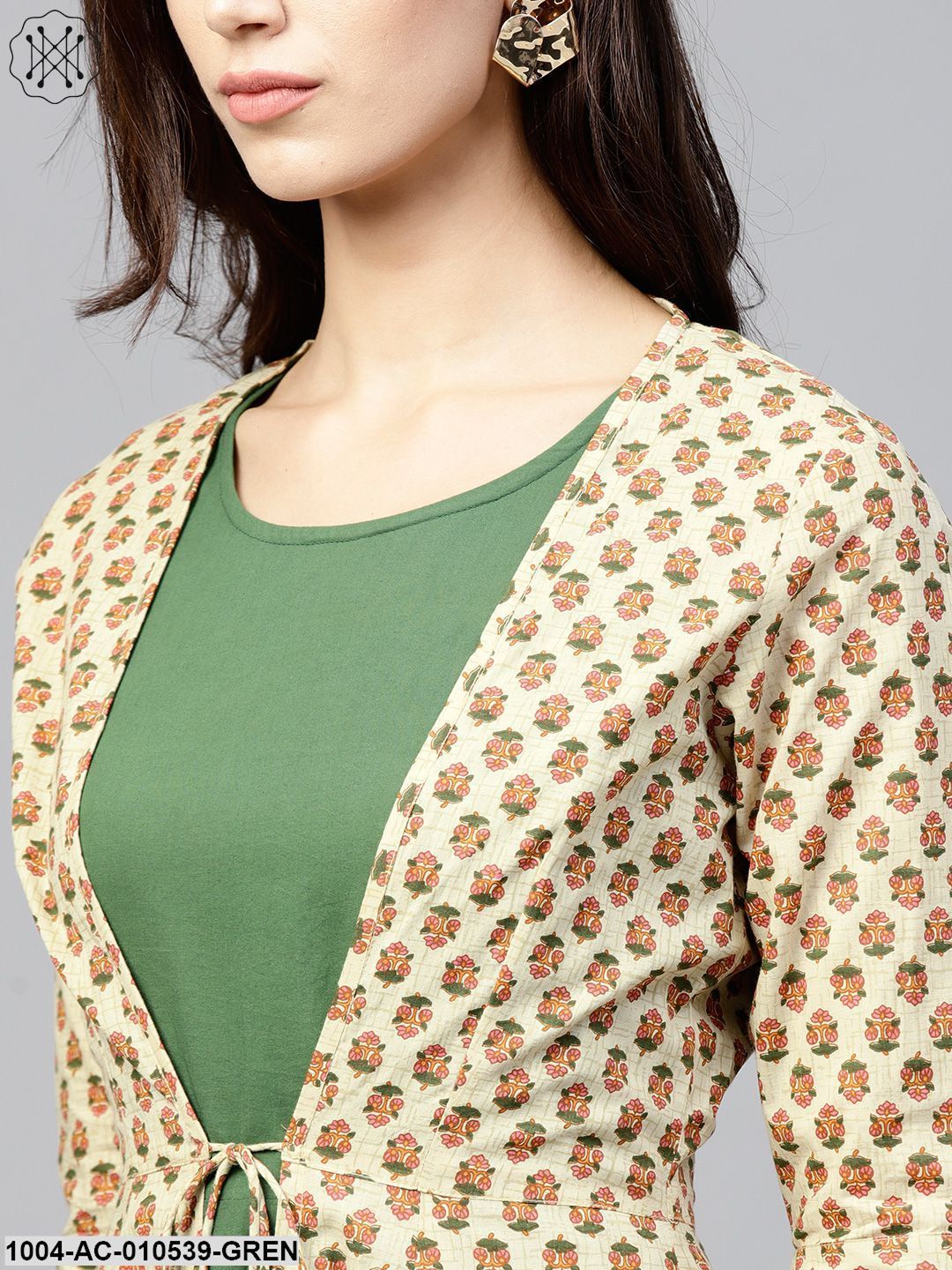 Dark Green Maxi Dress With Detachable Printed Jacket