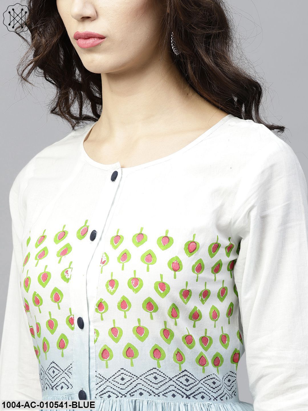 Multi Colored Ombre Dyed Round Neck Maxi Dress With Front Placket & 3/4 Sleeves