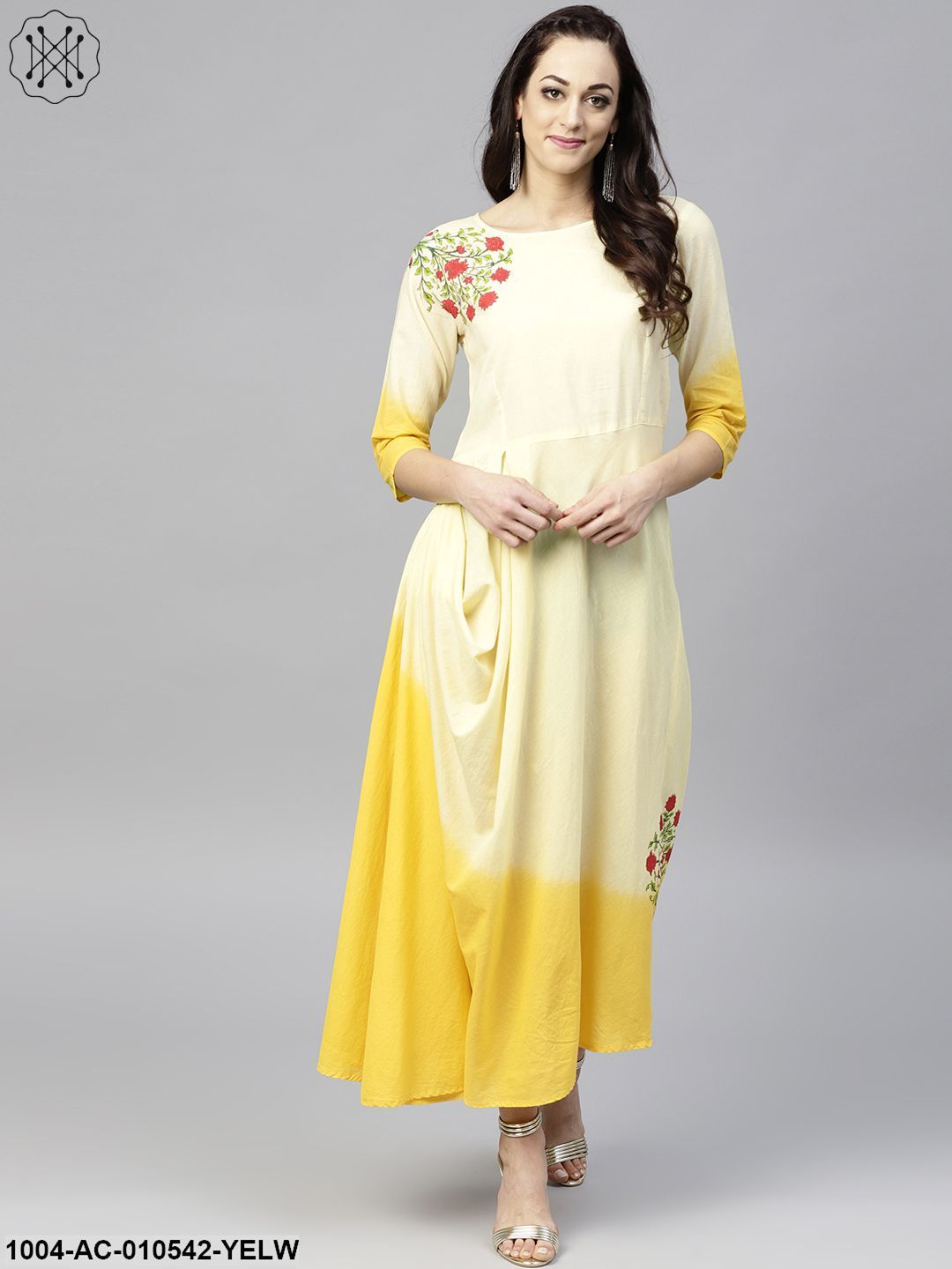 Yellow Dyed Cowl Maxi Dress With Round Neck And 3/4 Sleeves