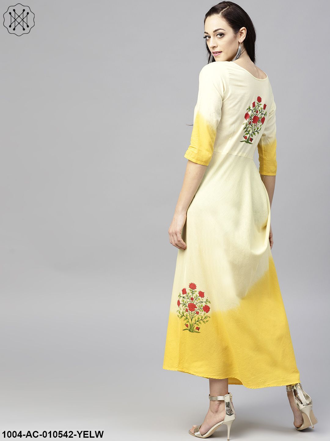 Yellow Dyed Cowl Maxi Dress With Round Neck And 3/4 Sleeves