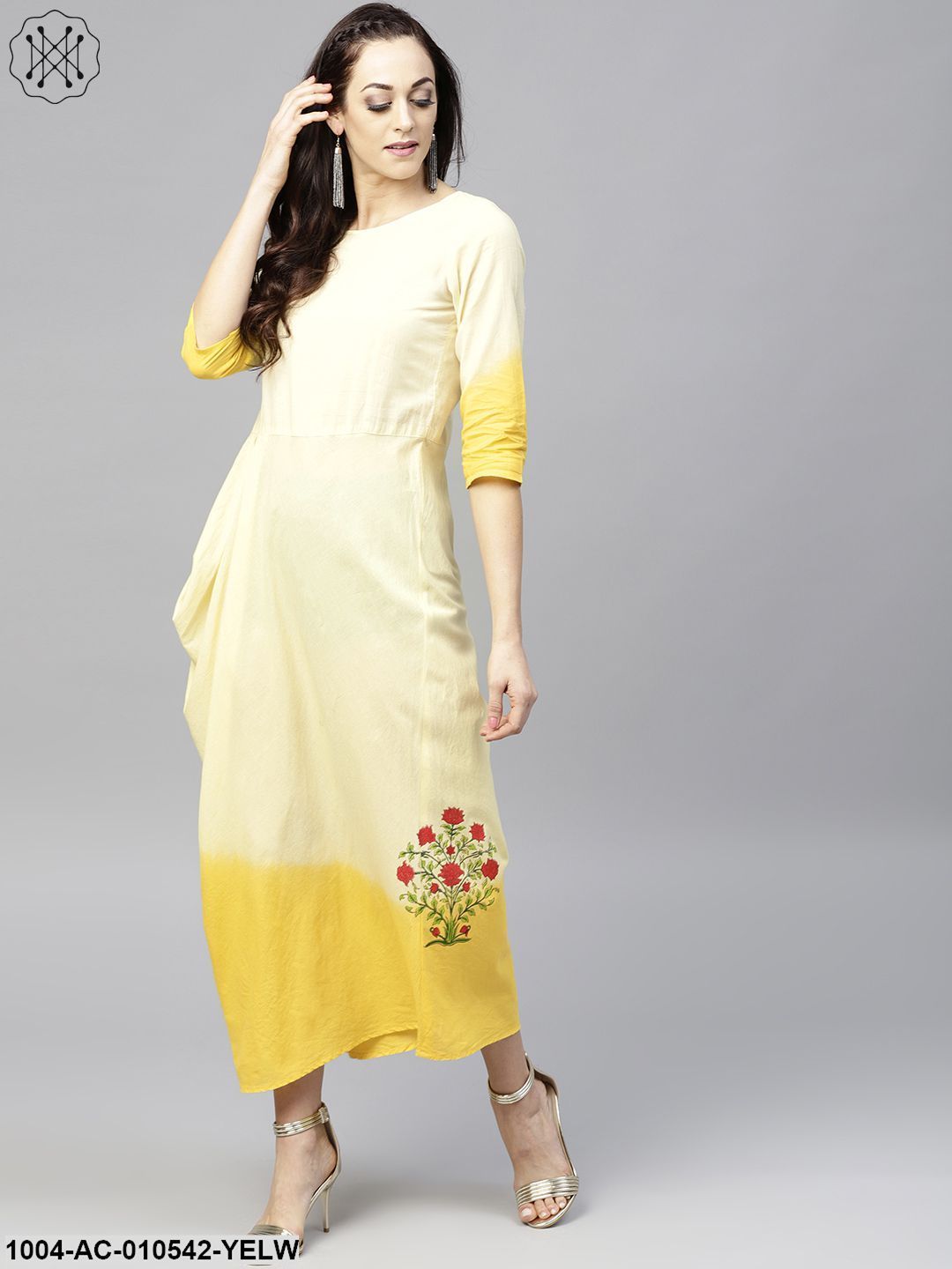 Yellow Dyed Cowl Maxi Dress With Round Neck And 3/4 Sleeves