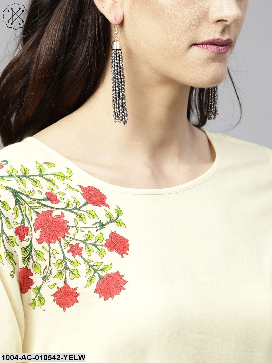 Yellow Dyed Cowl Maxi Dress With Round Neck And 3/4 Sleeves