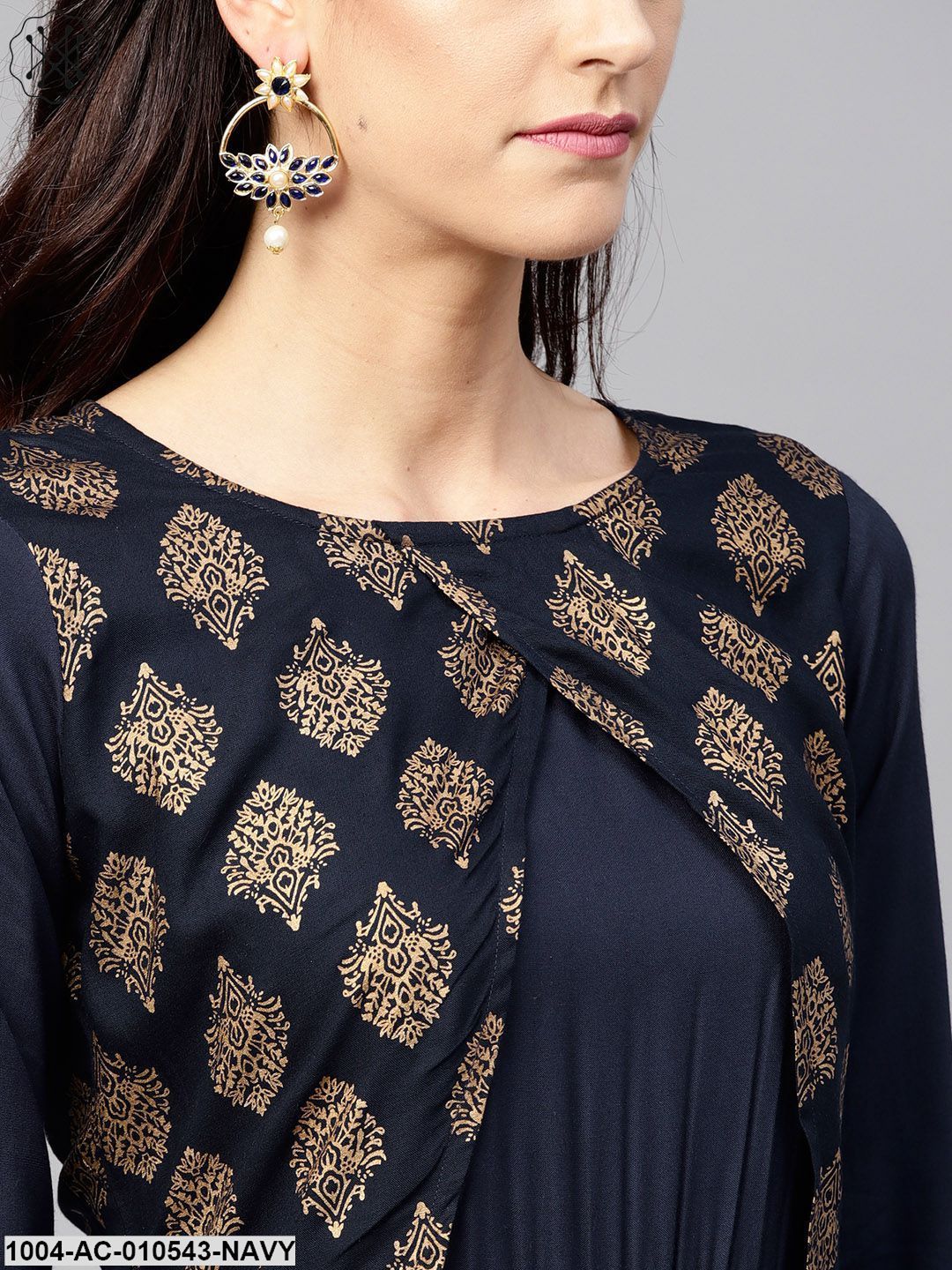 Navy Blue3/4Th Sleeve Printed Maxi Dress With Round Neck