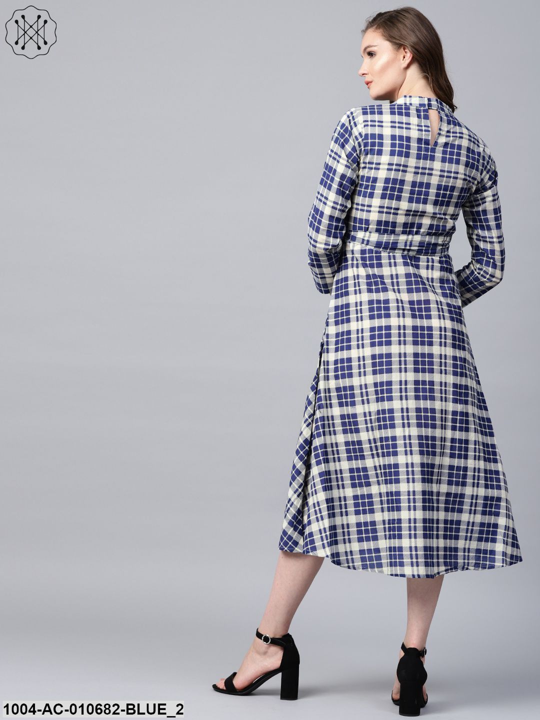 Blue Printed 3/4Th Sleeve Cotton A-Line Maxi Dress