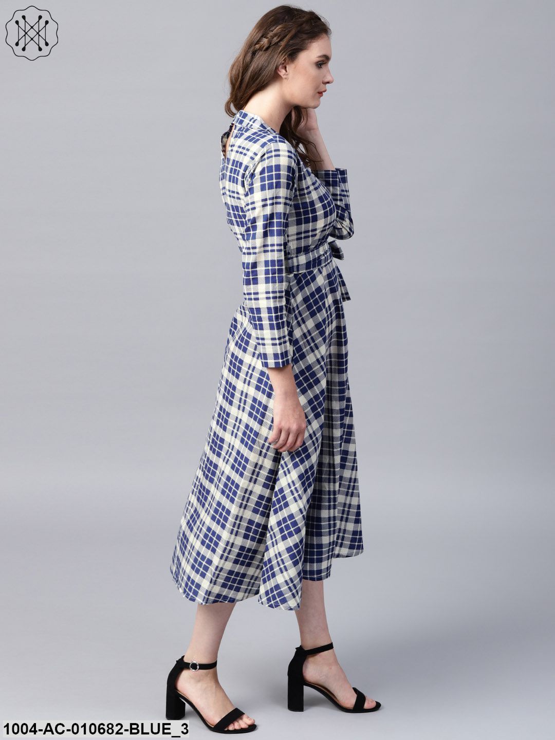 Blue Printed 3/4Th Sleeve Cotton A-Line Maxi Dress