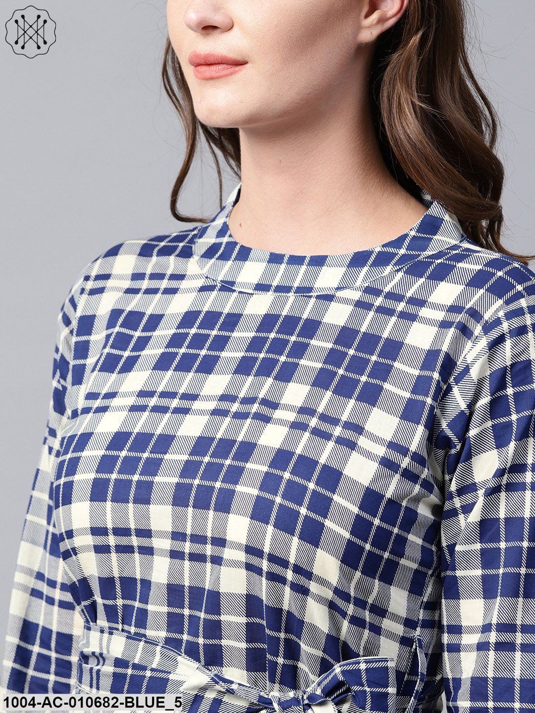 Blue Printed 3/4Th Sleeve Cotton A-Line Maxi Dress