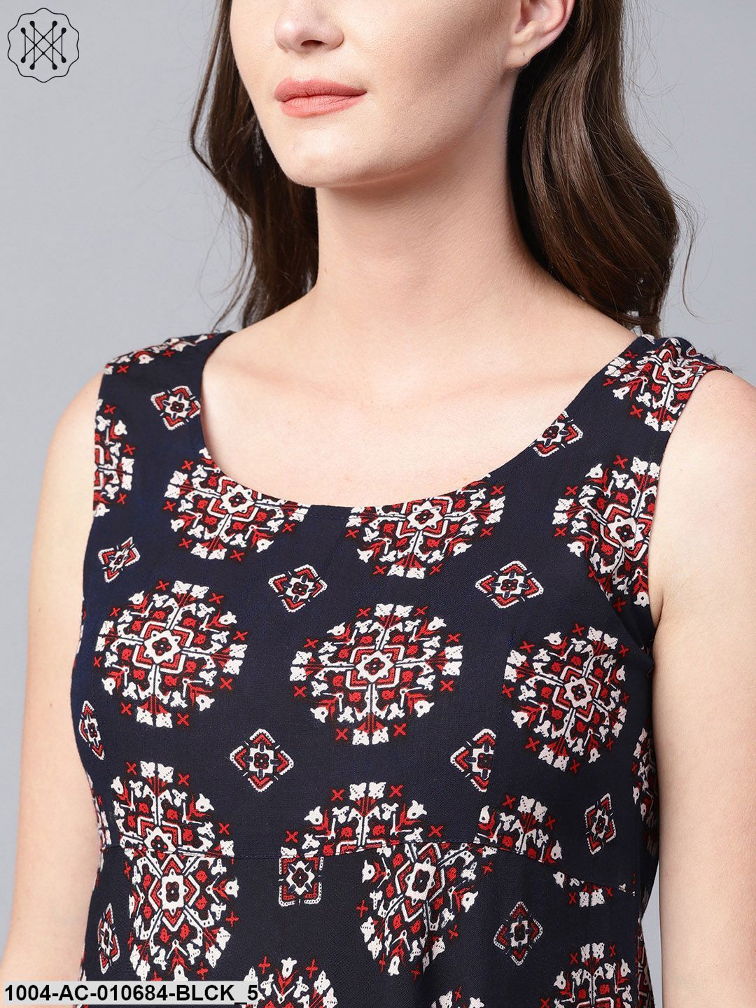 Black Printed Sleeveless Cotton Flared Maxi Dress