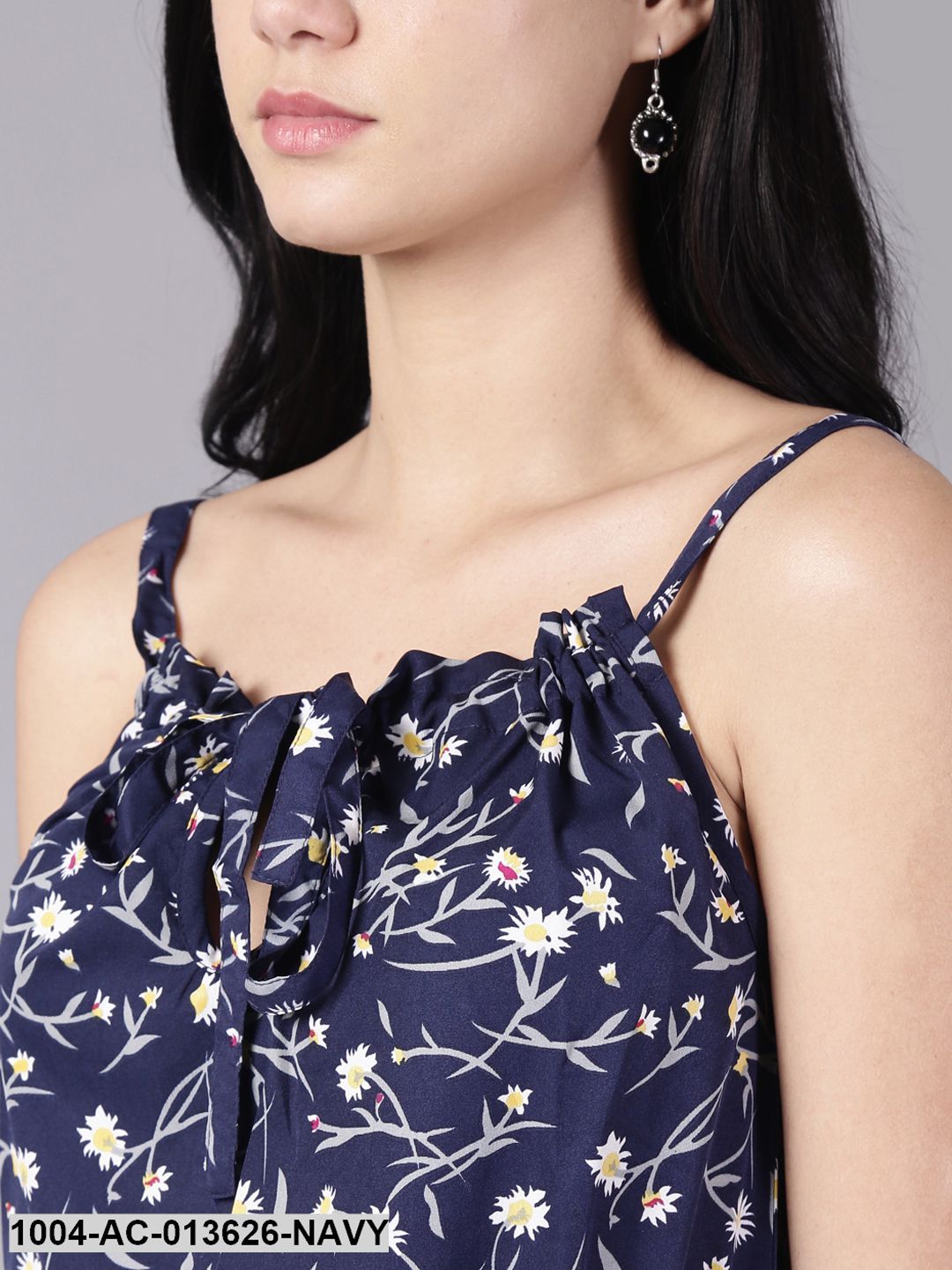 Navy Blue Floral Printed Shoulder Straps A-Line Dress