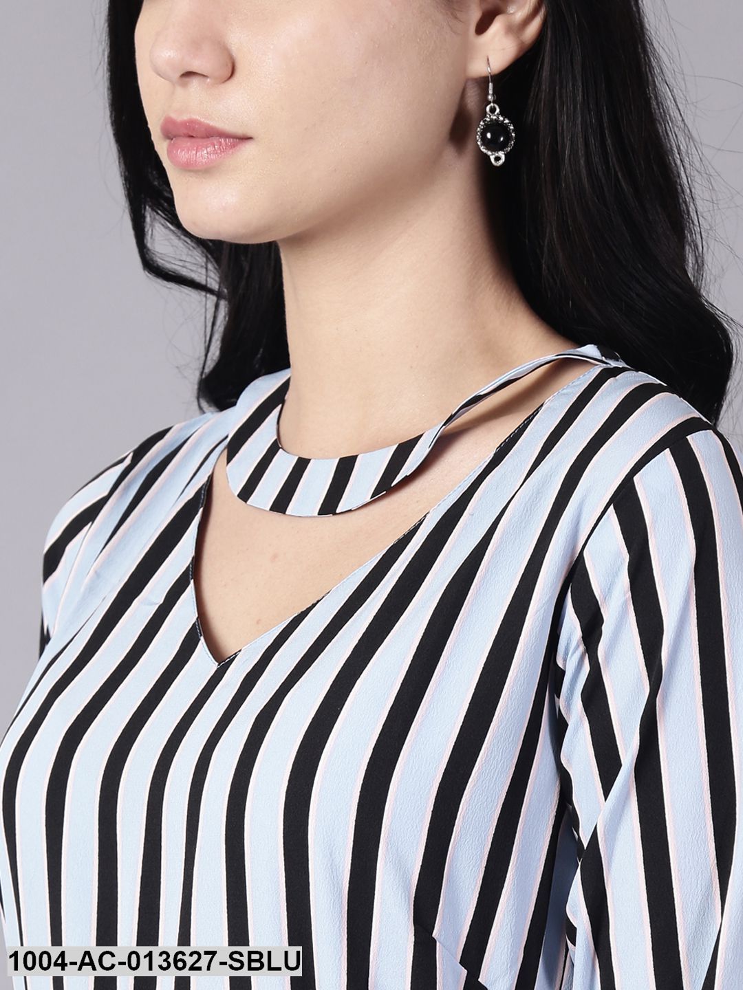 Sky Blue Striped Striped Choker Neck A-Line Dress