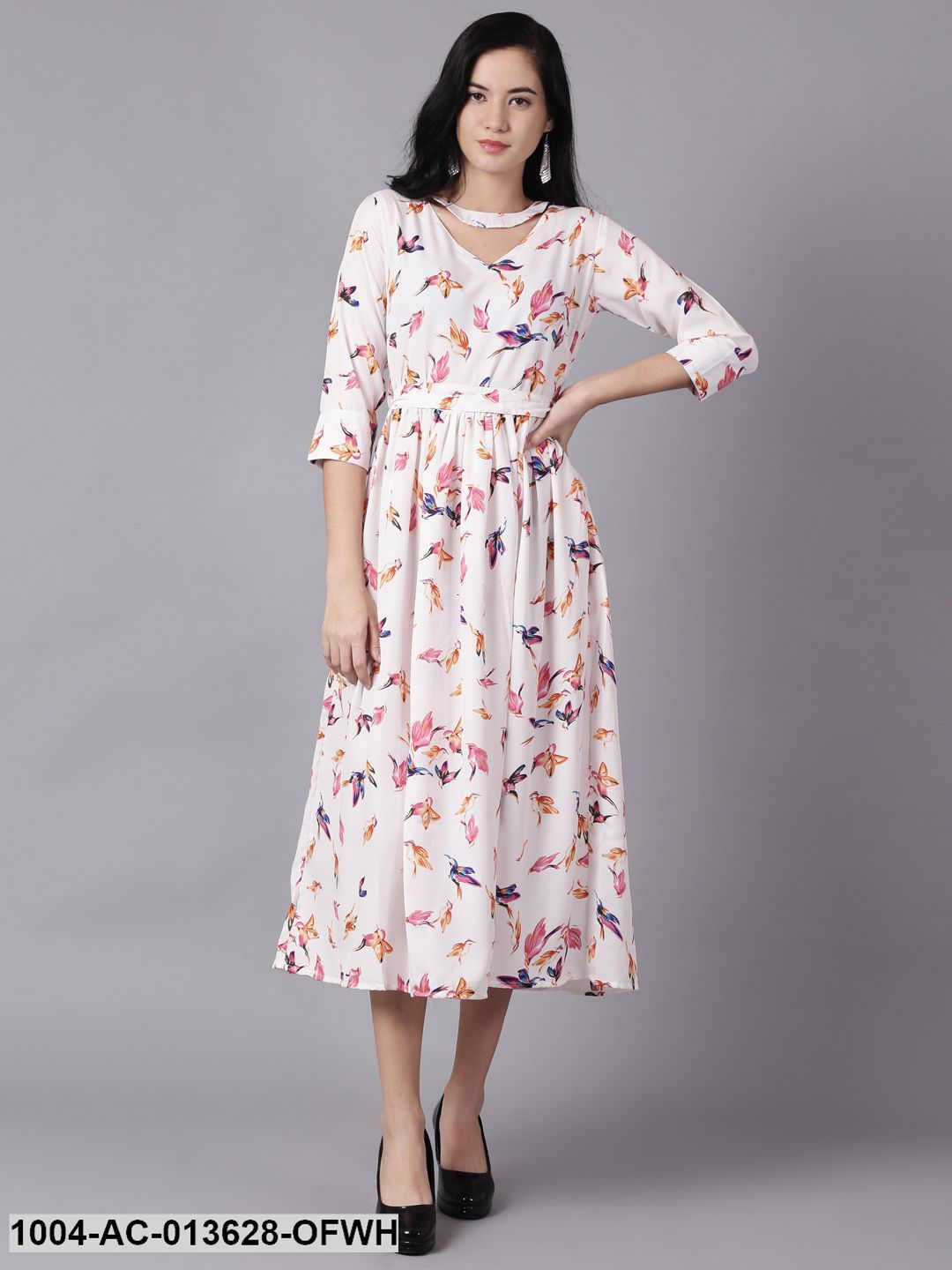 Off-white Floral Printed Choker Neck A-Line Dress