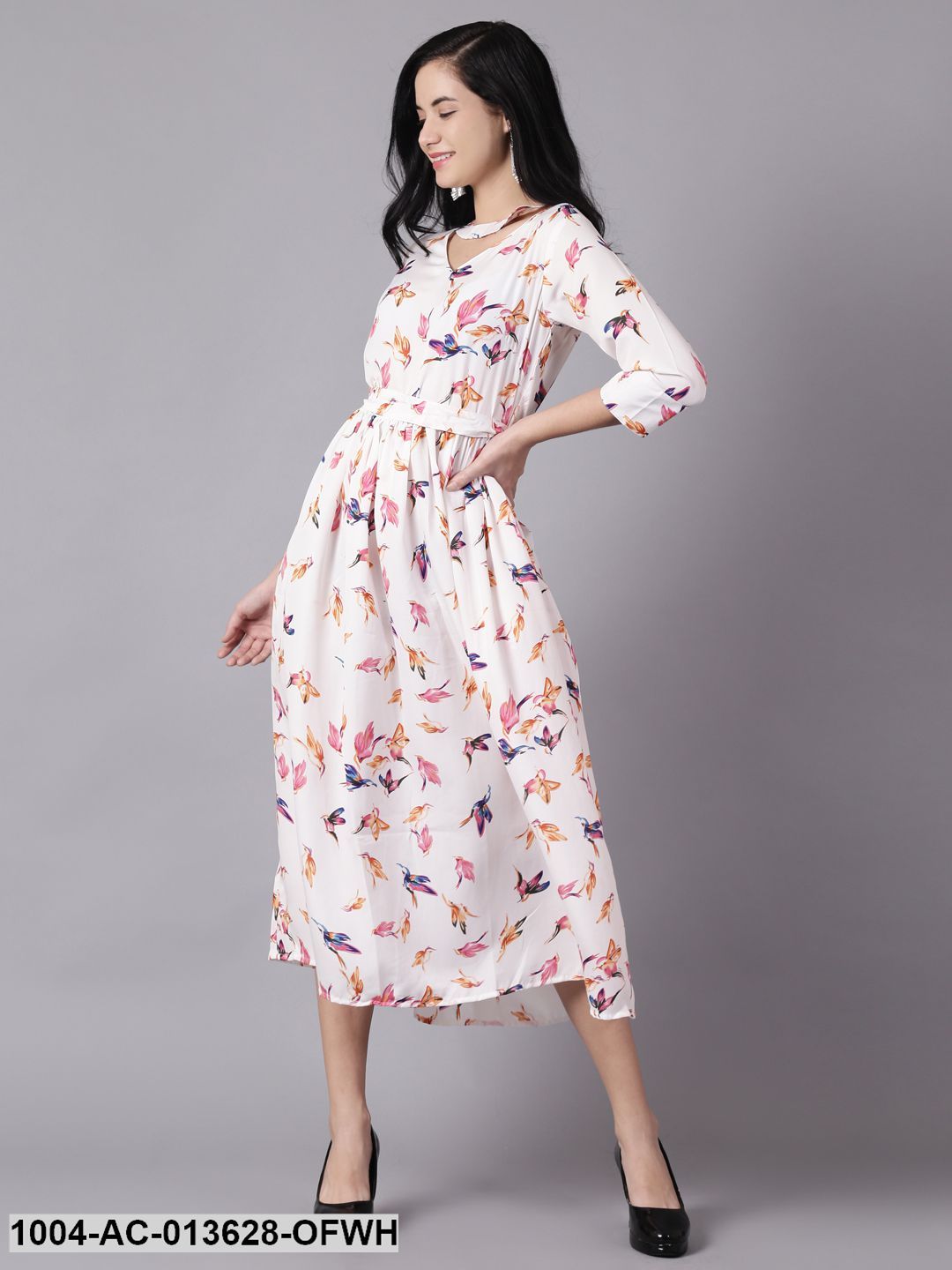 Off-white Floral Printed Choker Neck A-Line Dress