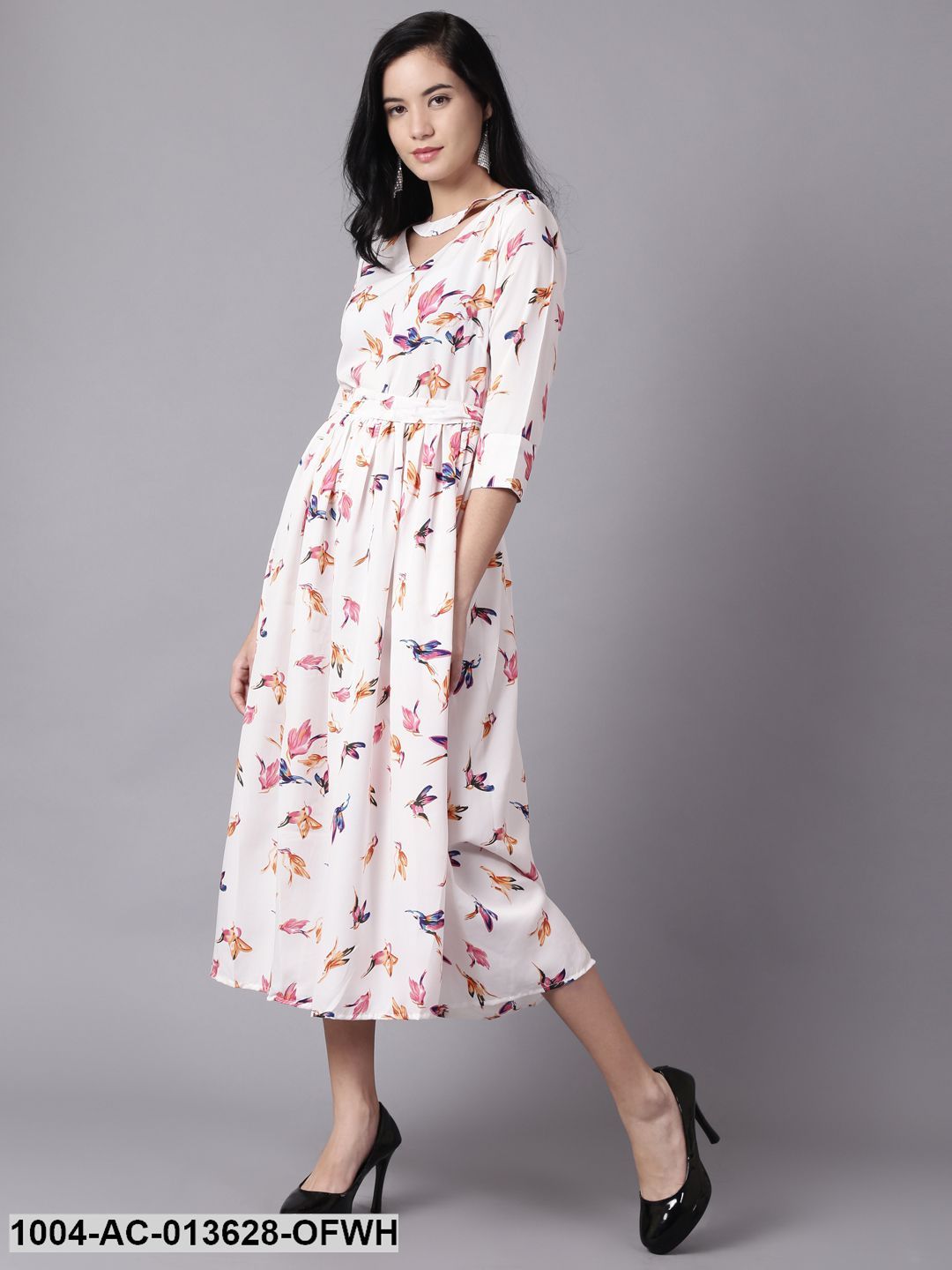 Off-white Floral Printed Choker Neck A-Line Dress