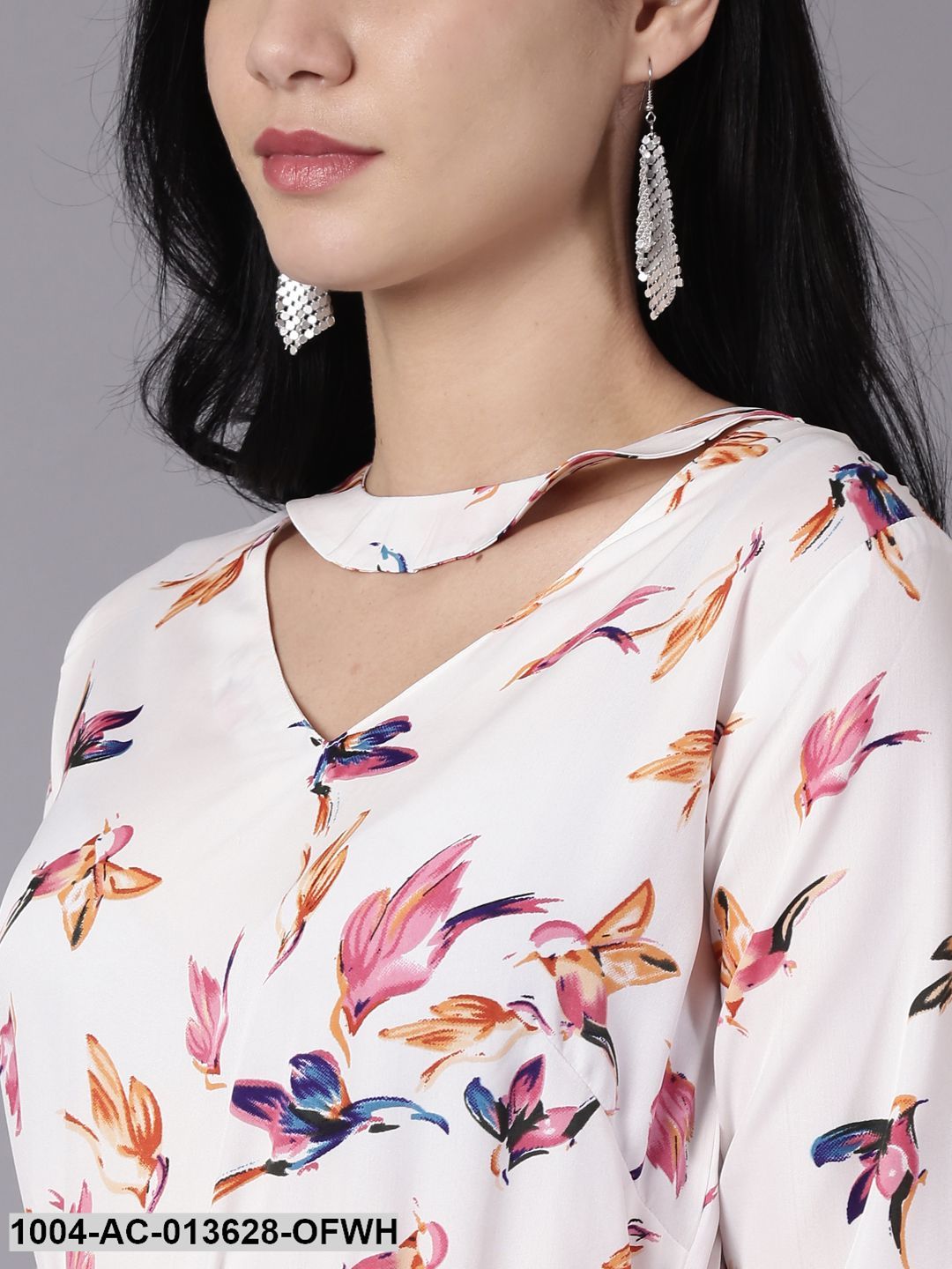 Off-white Floral Printed Choker Neck A-Line Dress