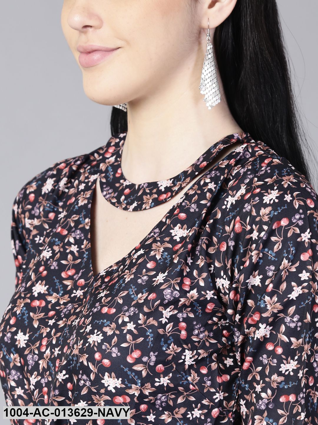 Navy Blue Floral Printed Choker Neck A-Line Dress