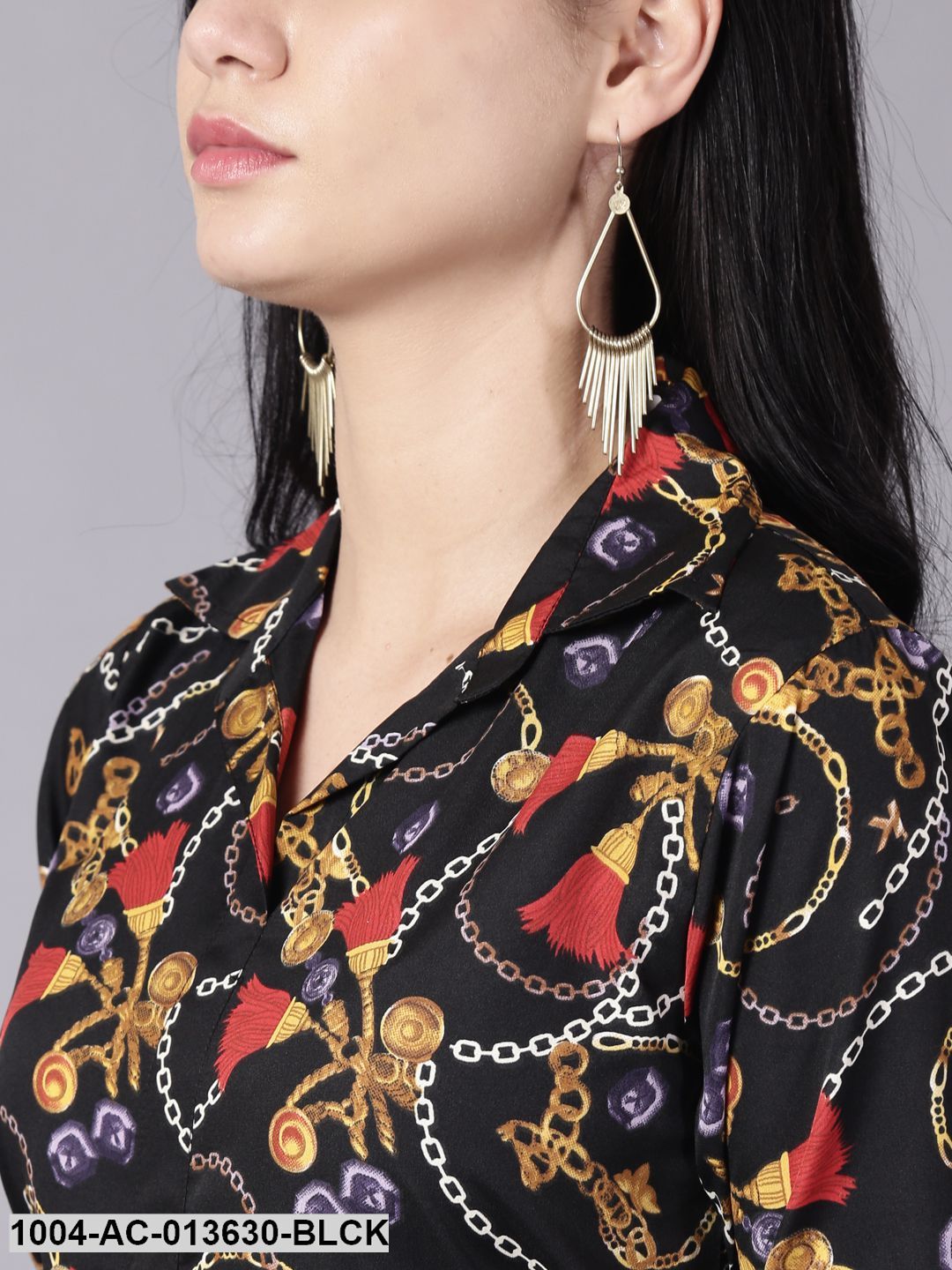 Black Conversational Printed Shirt Collar A-Line Dress