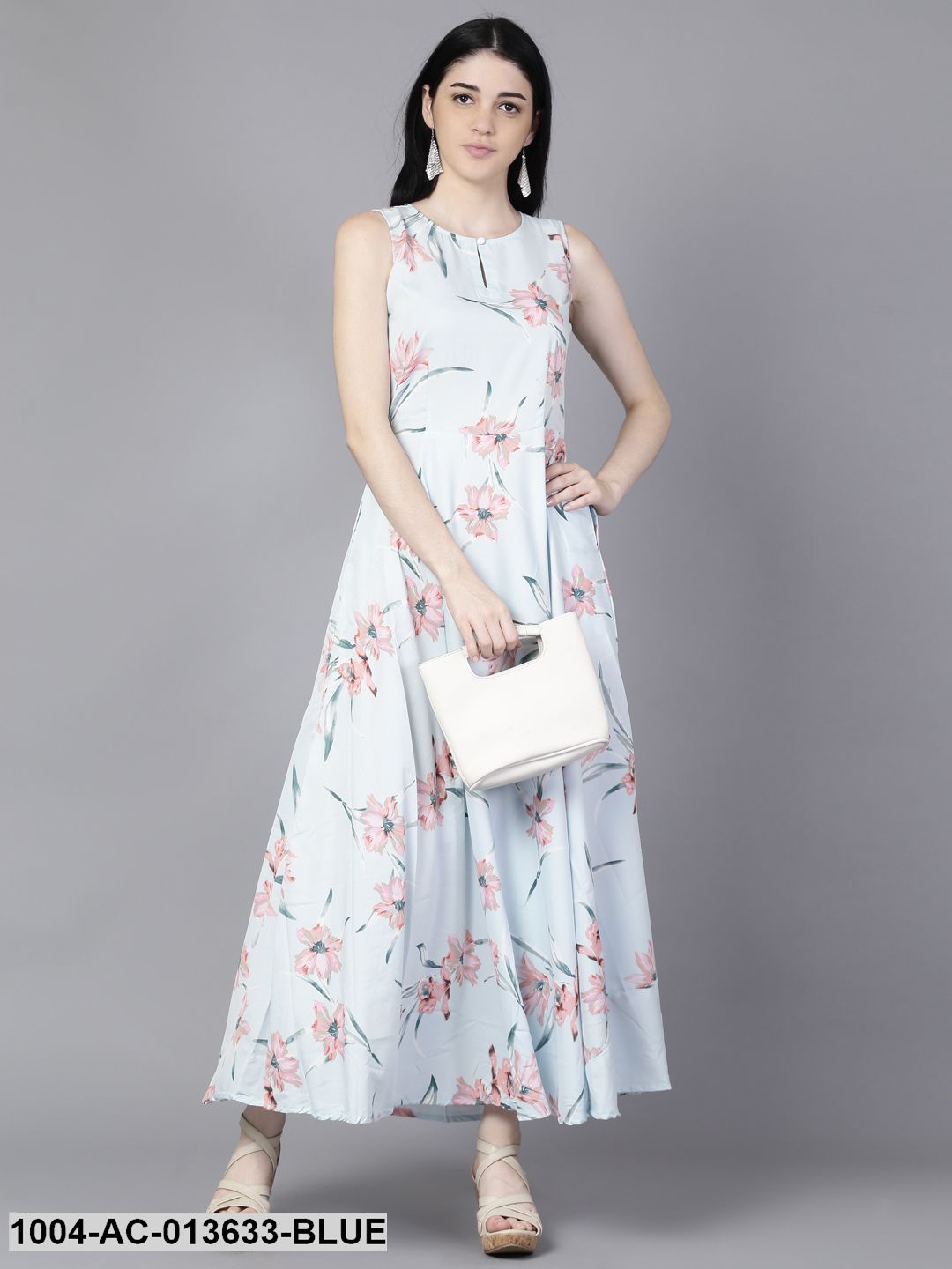 Powder Blue Floral Printed Round Neck Fit and Flare Dress