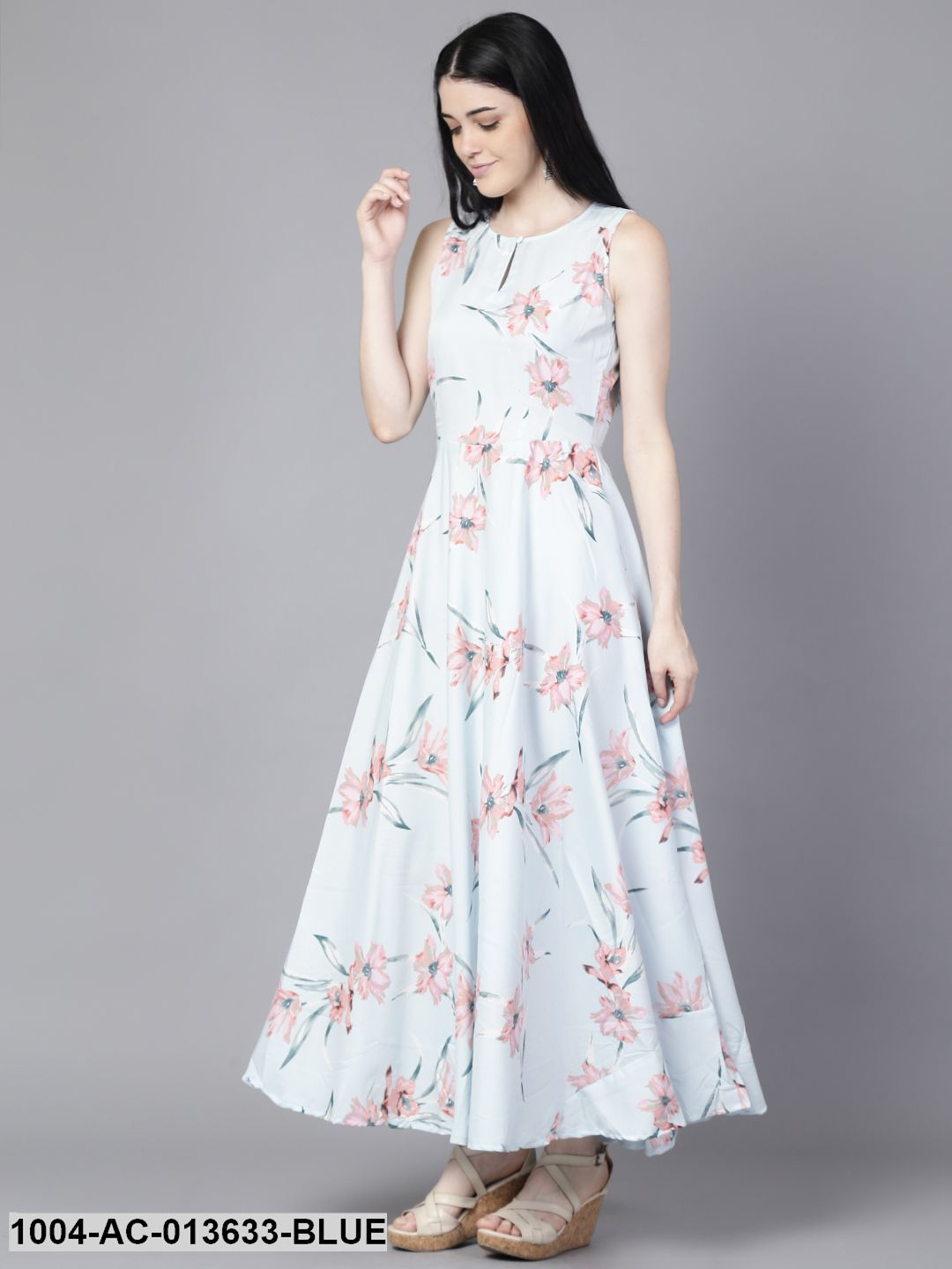 Powder Blue Floral Printed Round Neck Fit and Flare Dress